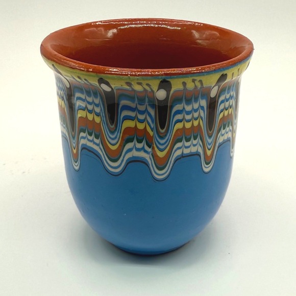 Vintage Bulgarian Troyan Pottery Cup Handcrafted Marbled Folk Art Ceramic Blue - Picture 3 of 12